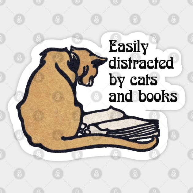 Retro Vintage Aesthetic - Cat - Easily Distracted by Cats and Books Sticker by Design By Leo